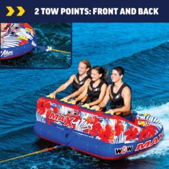 WOW Sports - Max Vibes Inflatable Towable Tube - 1-3 Rider - Perfect for Kids & Adults - Soft Top Deck Tube - Boating Accessory