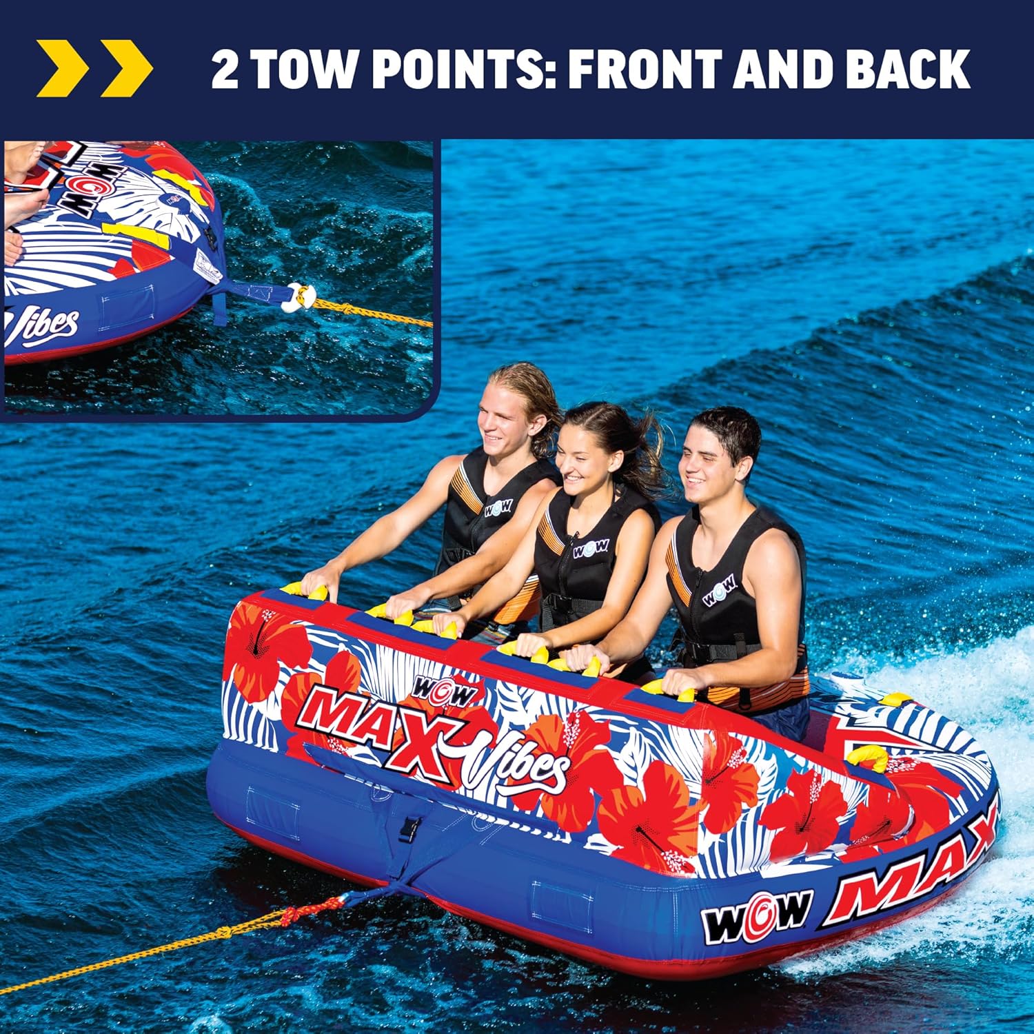 WOW Sports - Max Vibes Inflatable Towable Tube - 1-3 Rider - Perfect for Kids & Adults - Soft Top Deck Tube - Boating Accessory