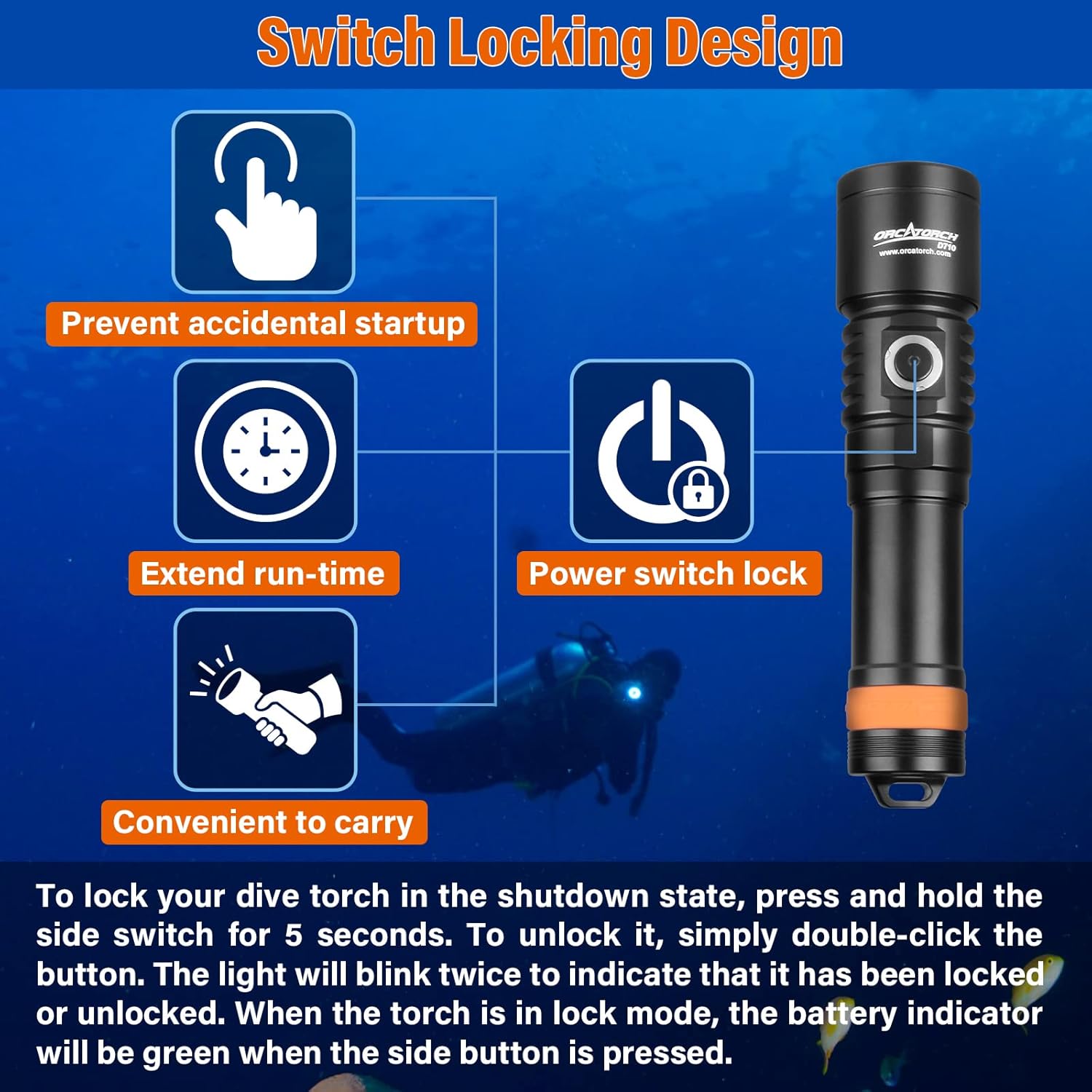 ORCATORCH D710 Scuba Diving Light, 3000 Lumens Super Bright Underwater Flashlight with 6 Degrees Narrow Beam (Black)