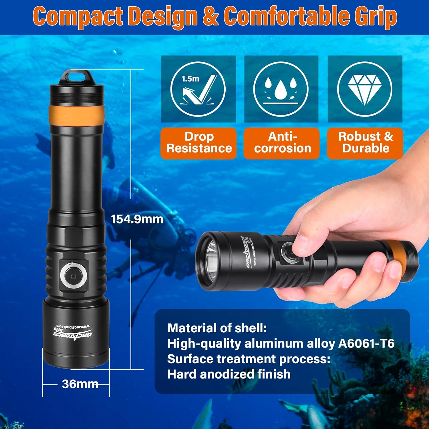 ORCATORCH D710 Scuba Diving Light, 3000 Lumens Super Bright Underwater Flashlight with 6 Degrees Narrow Beam (Black)