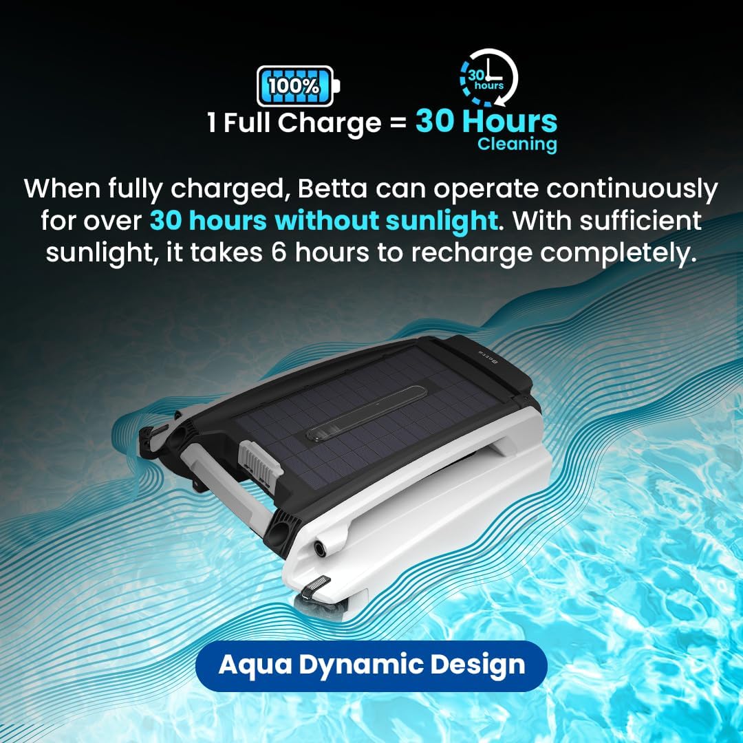 Betta SE Solar Powered Automatic Robotic Pool Surface Skimmer Cleaner with 30-Hour Continuous Cleaning Battery Power (White)
