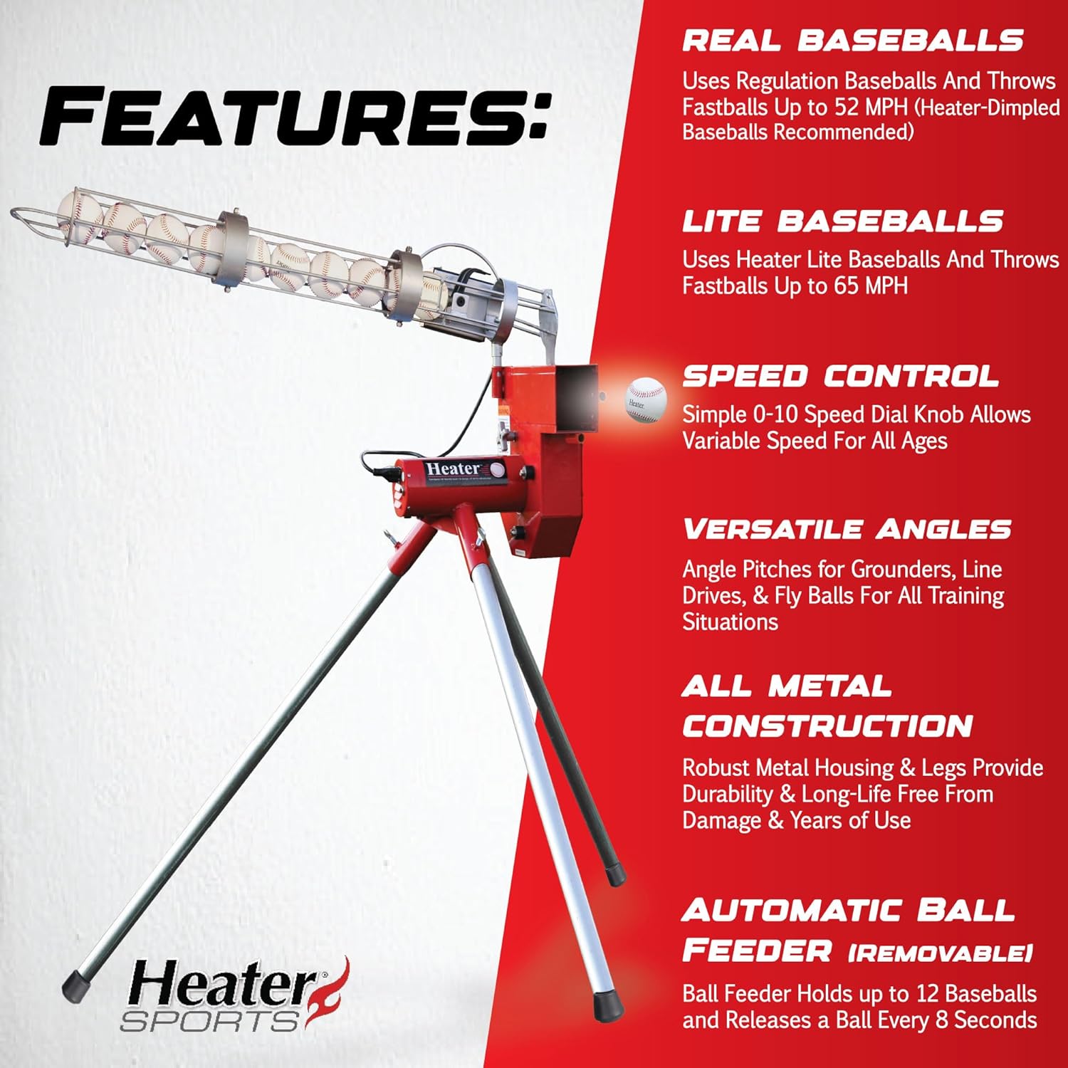 Heater Sports Heavy-Duty Baseball Pitching Machine W/Bonus Ball Feeder - Accurate & Adjustable Pitching Machine
