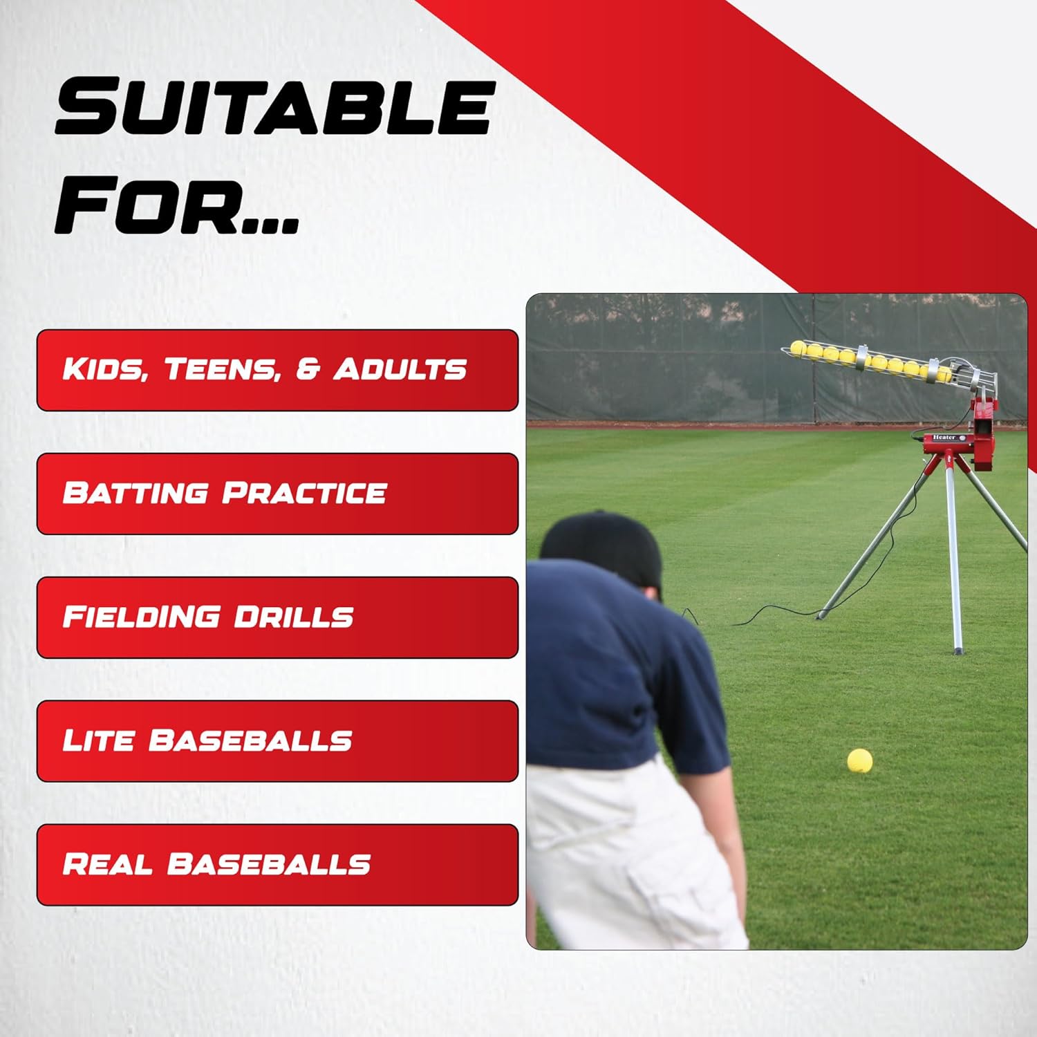 Heater Sports Heavy-Duty Baseball Pitching Machine W/Bonus Ball Feeder - Accurate & Adjustable Pitching Machine