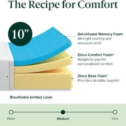 ZINUS 10 Inch Green Tea Cooling Memory Foam Mattress, Queen, Fiberglass Free, Medium Firmness, Cooling Gel Foam