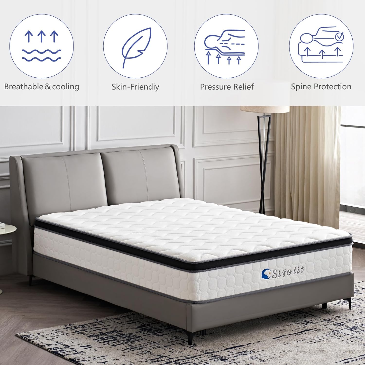 Sigolit 12 Inch Queen Size Hybrid Mattress - Medium Firm, Memory Foam & Pocket Springs, Motion Isolation, Edge Support, Pressure Relief, Ships Compressed