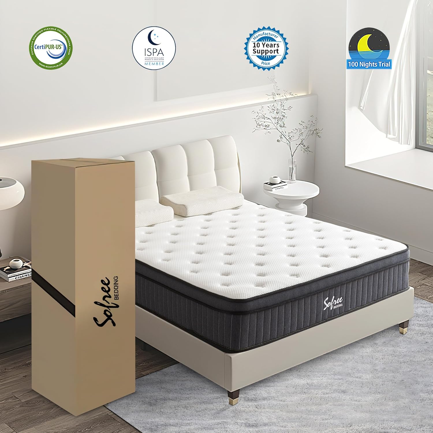 Sofree Bedding Queen Size 10 Inch Memory Foam Hybrid Mattress, Pocket Spring in a Box for Motion Isolation