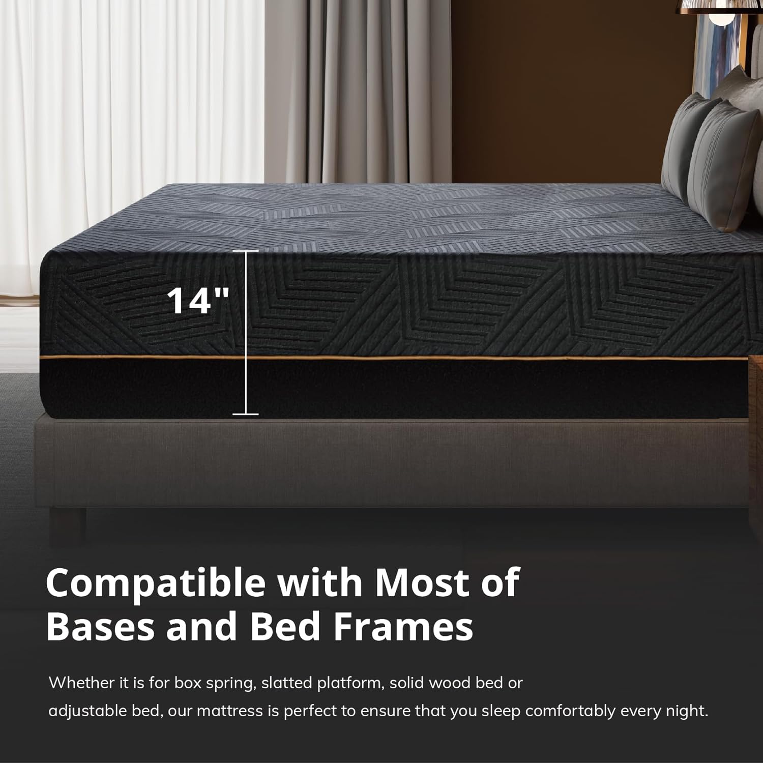 EGOHOME 14 Inch Queen Memory Foam Mattress for Back Pain, Cooling Copper Gel Bed in a Box, 60x80x14 Black