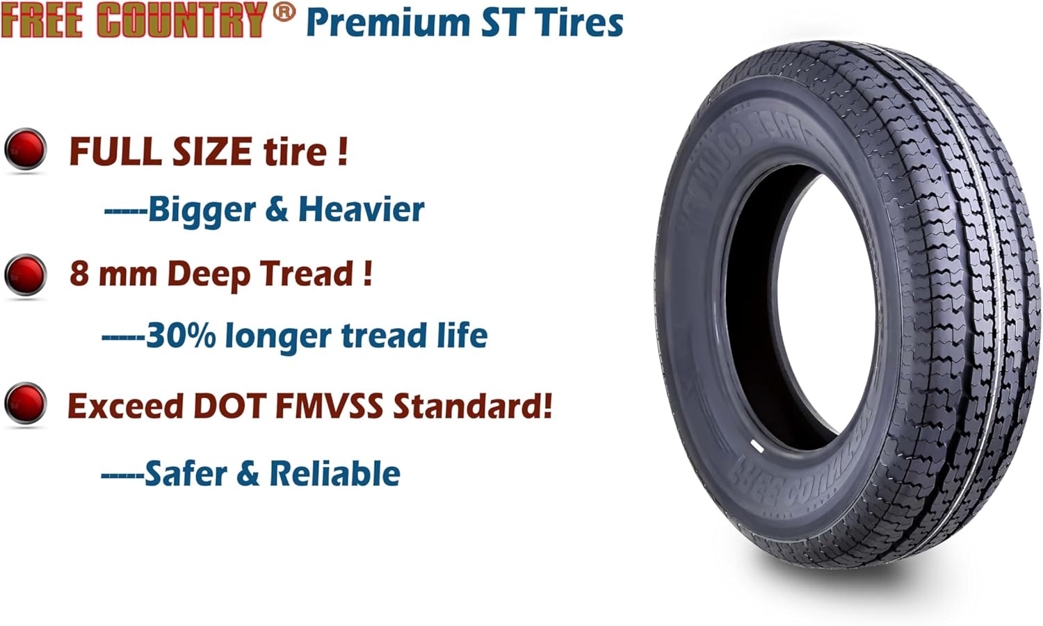 Free Country Set 2 Premium Radial Trailer Tires ST 225/75R15 10PR Load Range E w/featured Scuff Guard 8mm Tread Depth