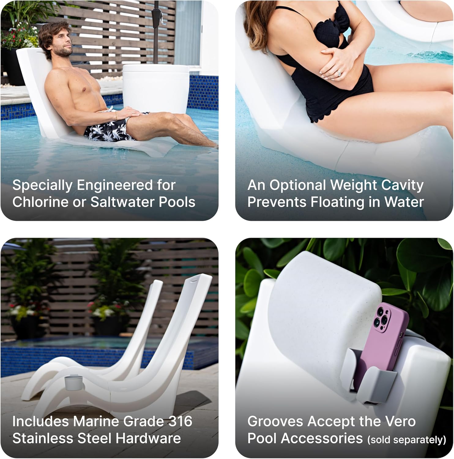 Step2 Vero Pool Chair, Fade-Resistant, Waterproof Patio Furniture for Sun Shelf, Use in Pools up to 9-Inches of Water, Weighted, White
