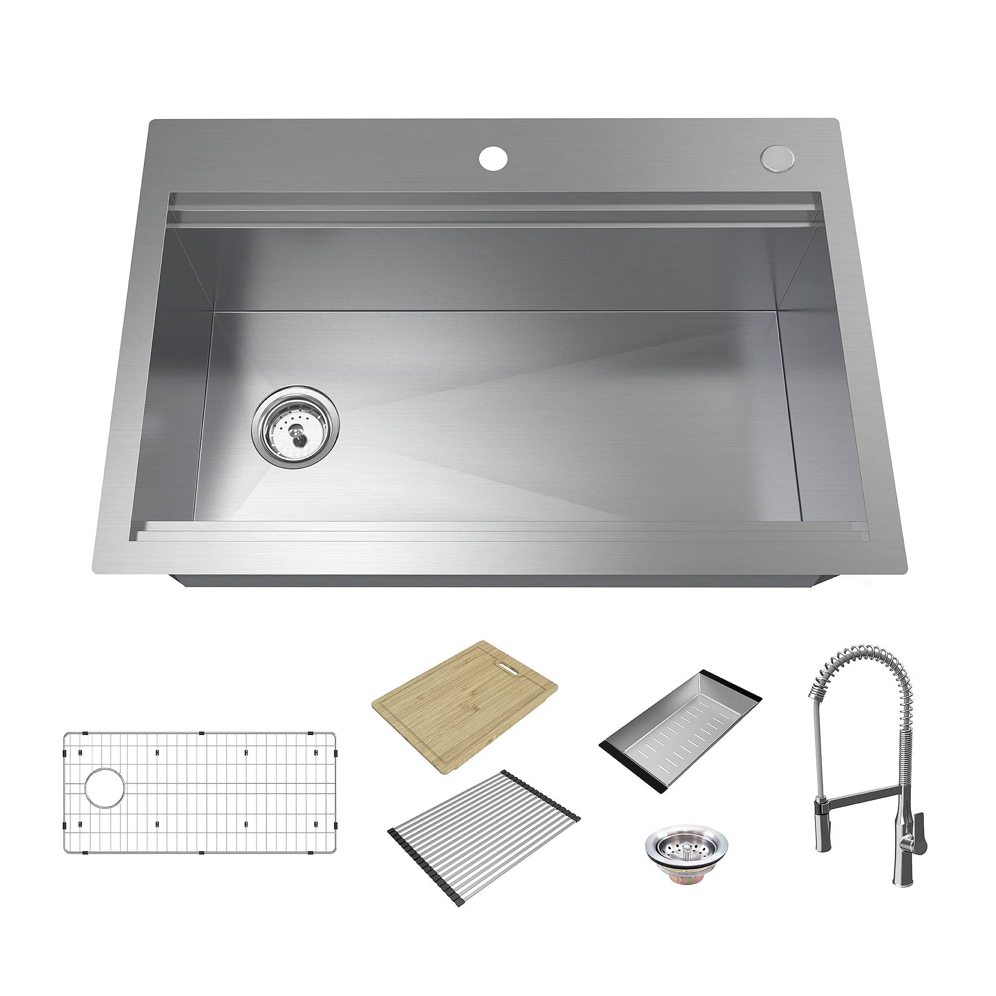 allen + roth Dennison Dual-mount 33-Inches x 22-Inches Stainless steel Single bowl 2-Hole 18 -Gauge Workstation Kitchen Sink All-in-One Kit