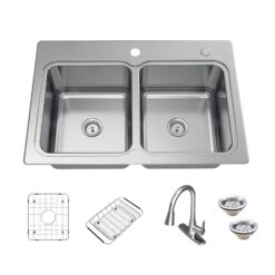 allen + roth Hoffman Dual-mount 33-in x 22-in Stainless steel Double equal bowl 2-Hole 20 -Gauge Kitchen Sink All-in-One Kit