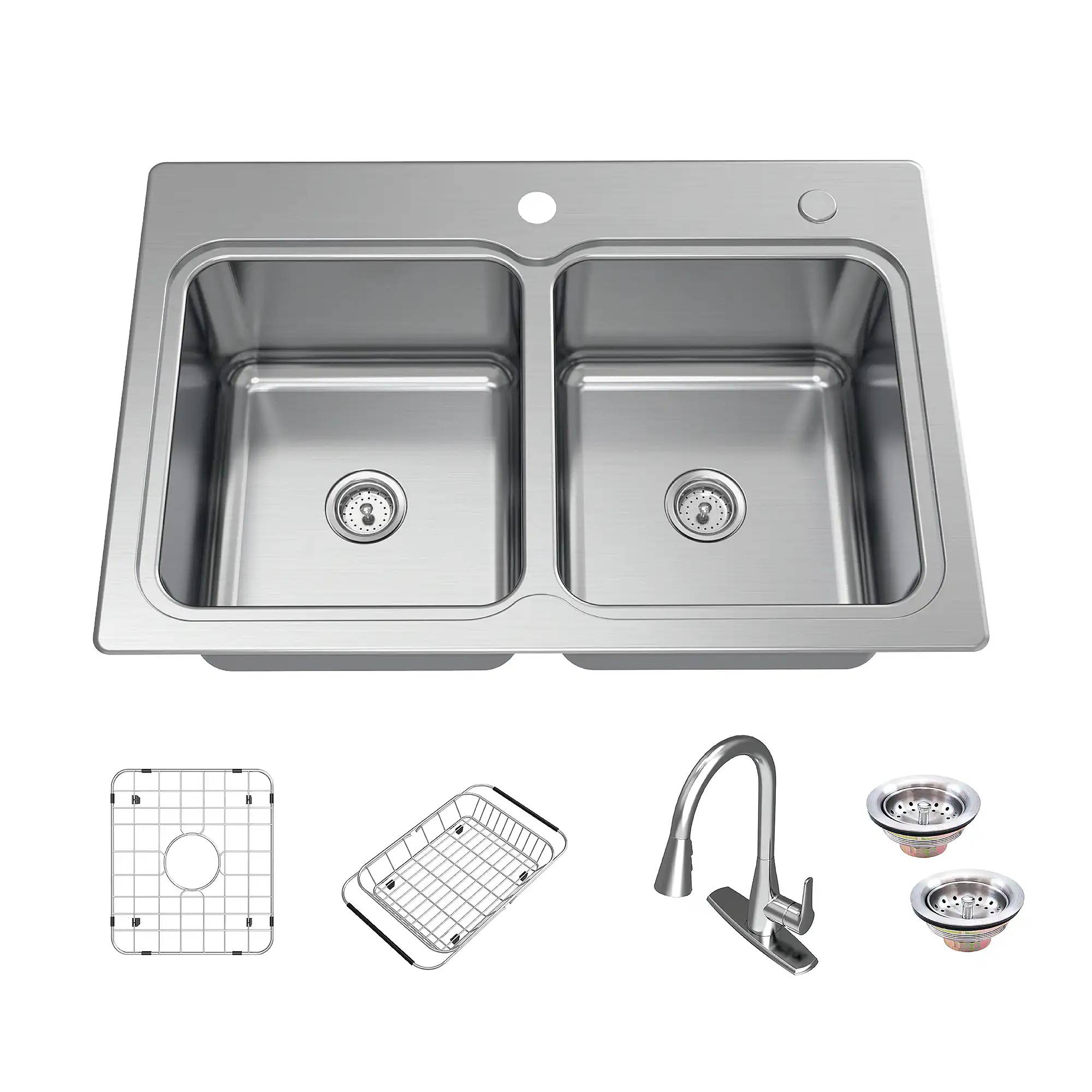 allen + roth Hoffman Dual-mount 33-in x 22-in Stainless steel Double equal bowl 2-Hole 20 -Gauge Kitchen Sink All-in-One Kit