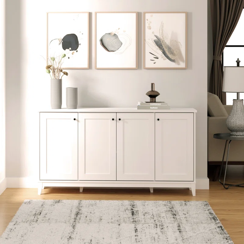 Millwood Pines 4 Panel Door Console Table Storage Cabinet with Doors and Shelves, Sideboard Storage Cabinet, White