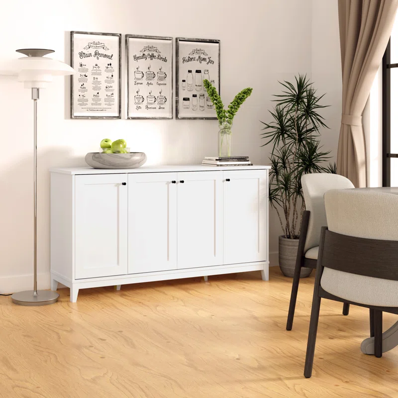 Millwood Pines 4 Panel Door Console Table Storage Cabinet with Doors and Shelves, Sideboard Storage Cabinet, White
