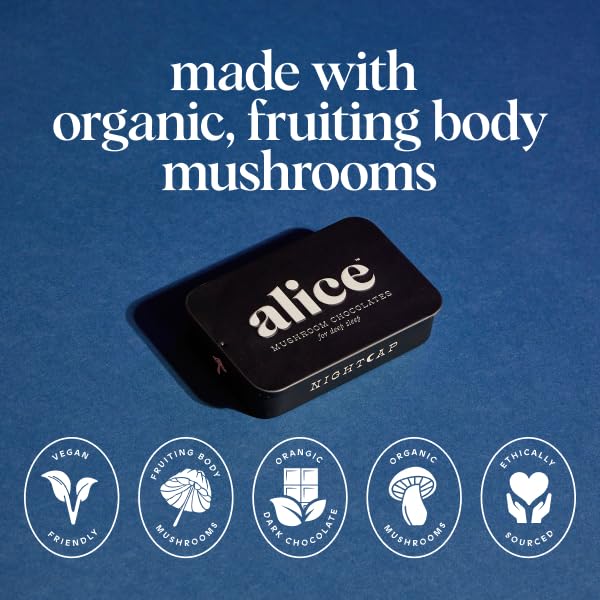 Alice Mushrooms Nightcap, Mushroom Chocolates, Supports Deep Sleep, Calm Mind, and Stress Relief - Magnesium, Zinc