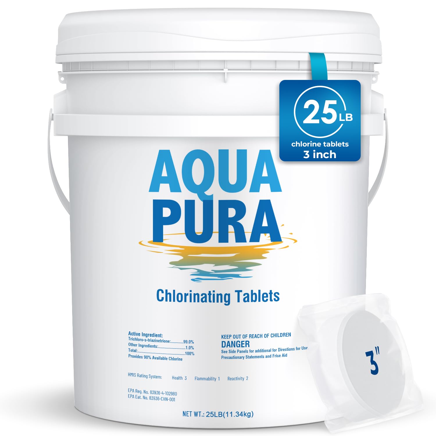 Aqua Pura Chlorine Tablets for Swimming Pool,3" Pool Supplies, Individually Wrapped Stabilized Chlorine Tablets, Long-Lasting, 25 LB