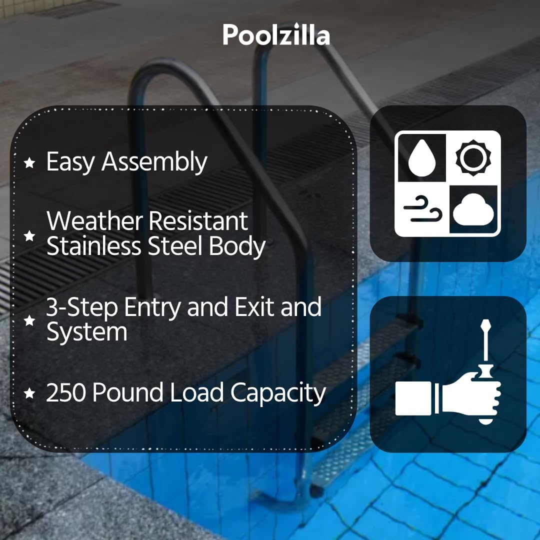 Poolzilla Three Tread Stainless Steel Pool Ladder Entry and Exit System for In-Ground Salt Water Swimming Pools - Image 4