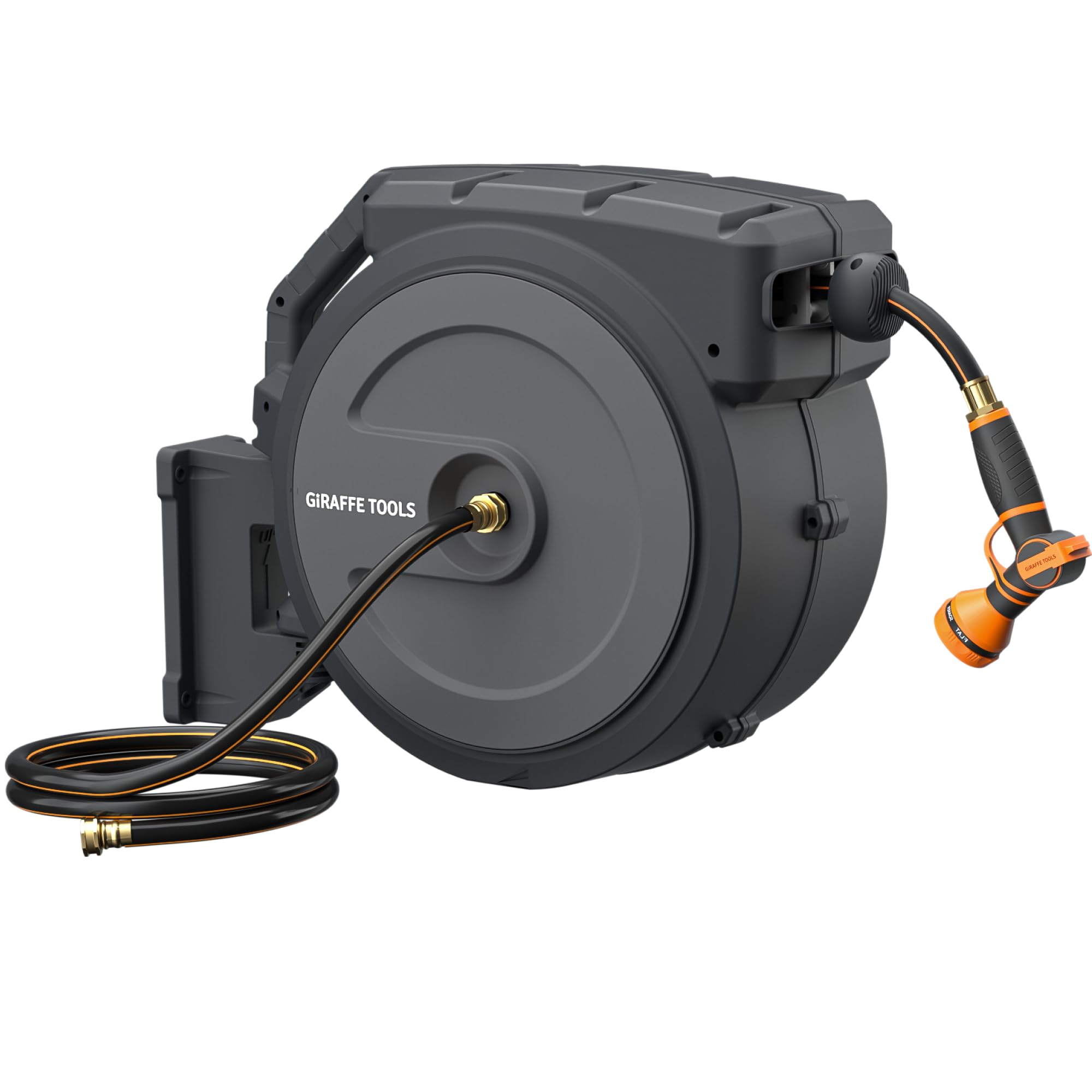 Giraffe Tools AW40 Retractable Hose Reel 5/8" x 90 ft Wall Mounted Garden Hose Reel Heavy Duty, Automatic Rewind, 90 ft, Dark Grey