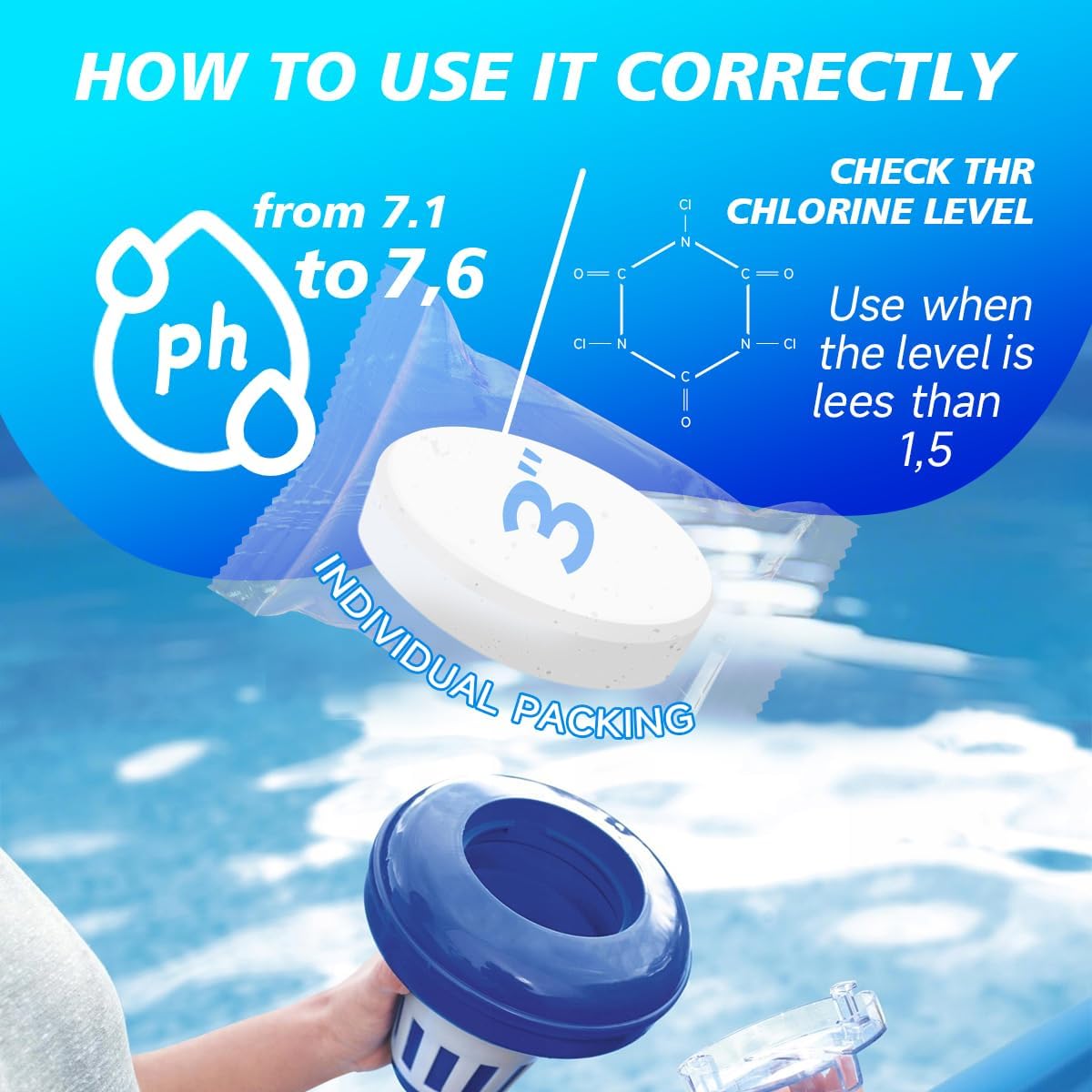 Aqua Pura Chlorine Tablets for Swimming Pool,3" Pool Supplies, Individually Wrapped Stabilized Chlorine Tablets, Long-Lasting, 25 LB
