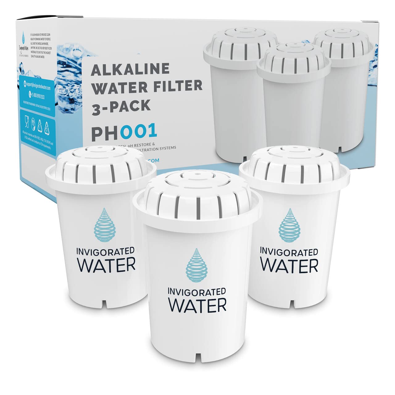 Invigorated Water PH001 - White Alkaline Water Filter, Replacement Filters for All Invigorated Water Pitcher – 96 Gallons/Filter (3-Pack)