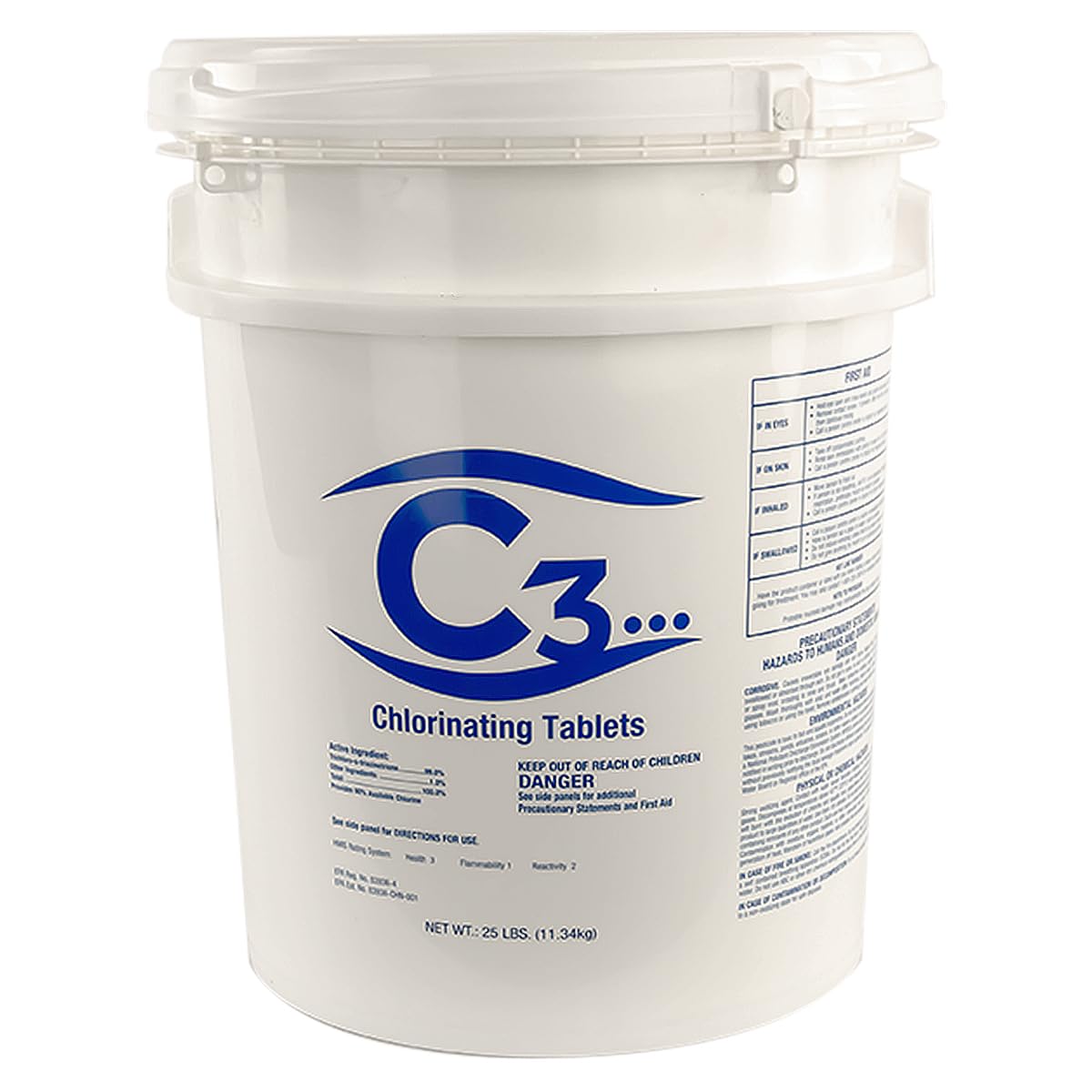 C3 25 lbs. 3" Stabilized Chlorine Tabs for Swimming Pools, Slow Dissolving Individual Chlorinating Tablets, 25 Pound Bucket