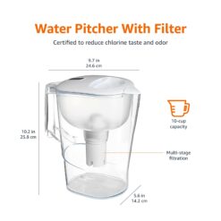 Amazon Basics 10-Cup Water Pitcher with Filter, Compatible with Brita, 1 Pack, White