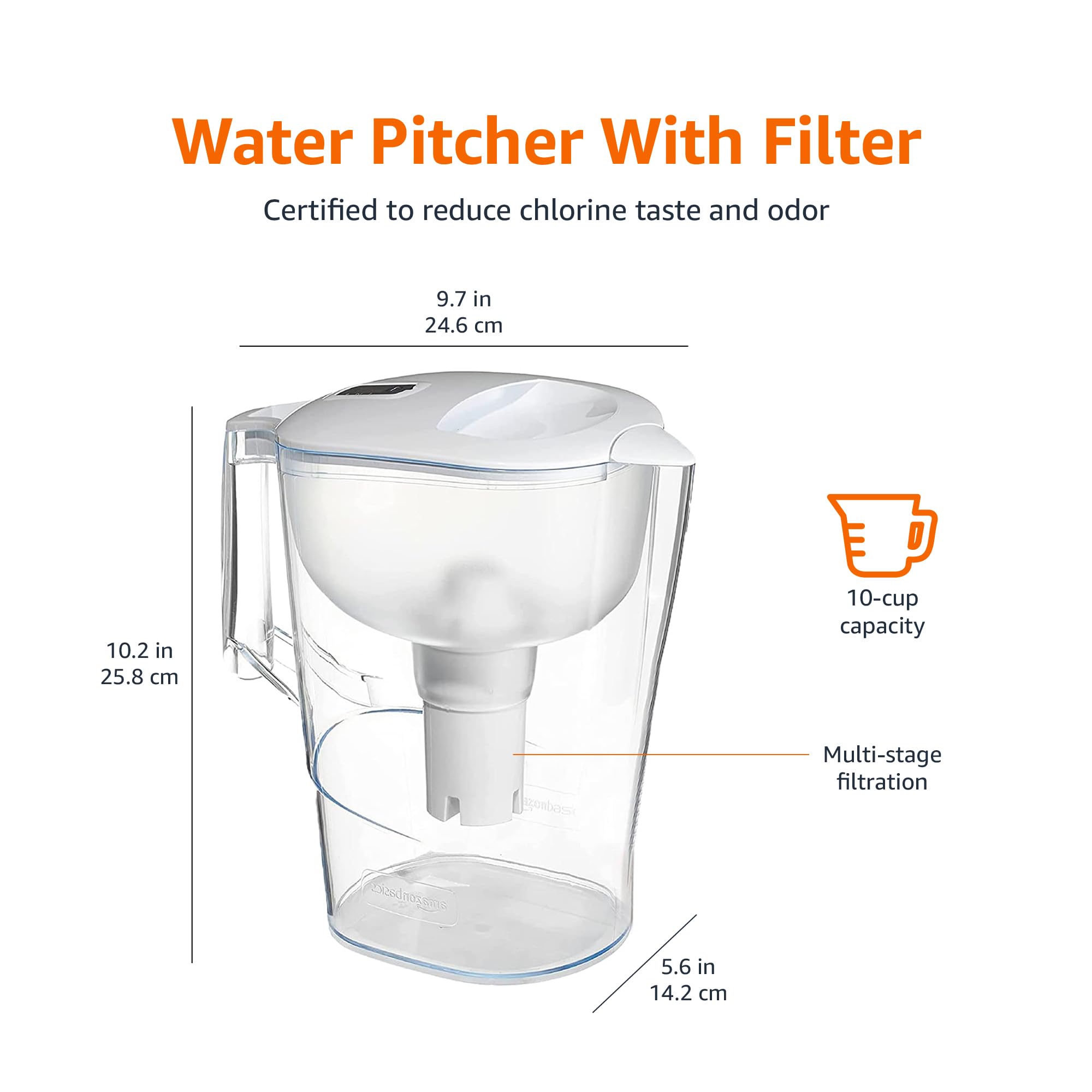 Amazon Basics 10-Cup Water Pitcher with Filter, Compatible with Brita, 1 Pack, White