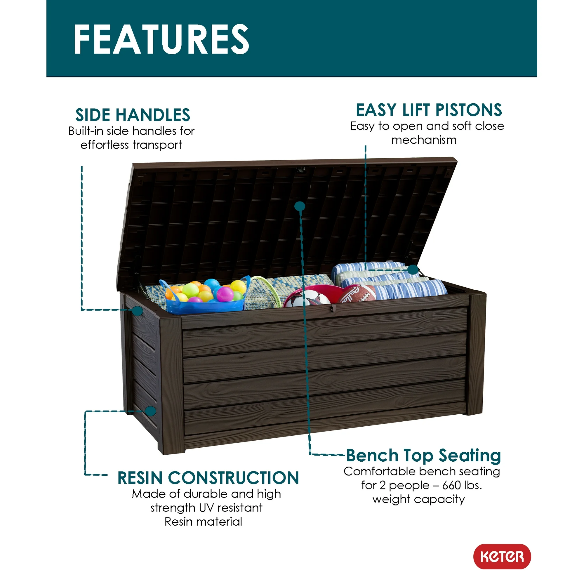 Keter Eastwood 150 Gallon Durable Resin Outdoor Storage and Organization Deck Box For Patio Furniture and Supplies, Brown