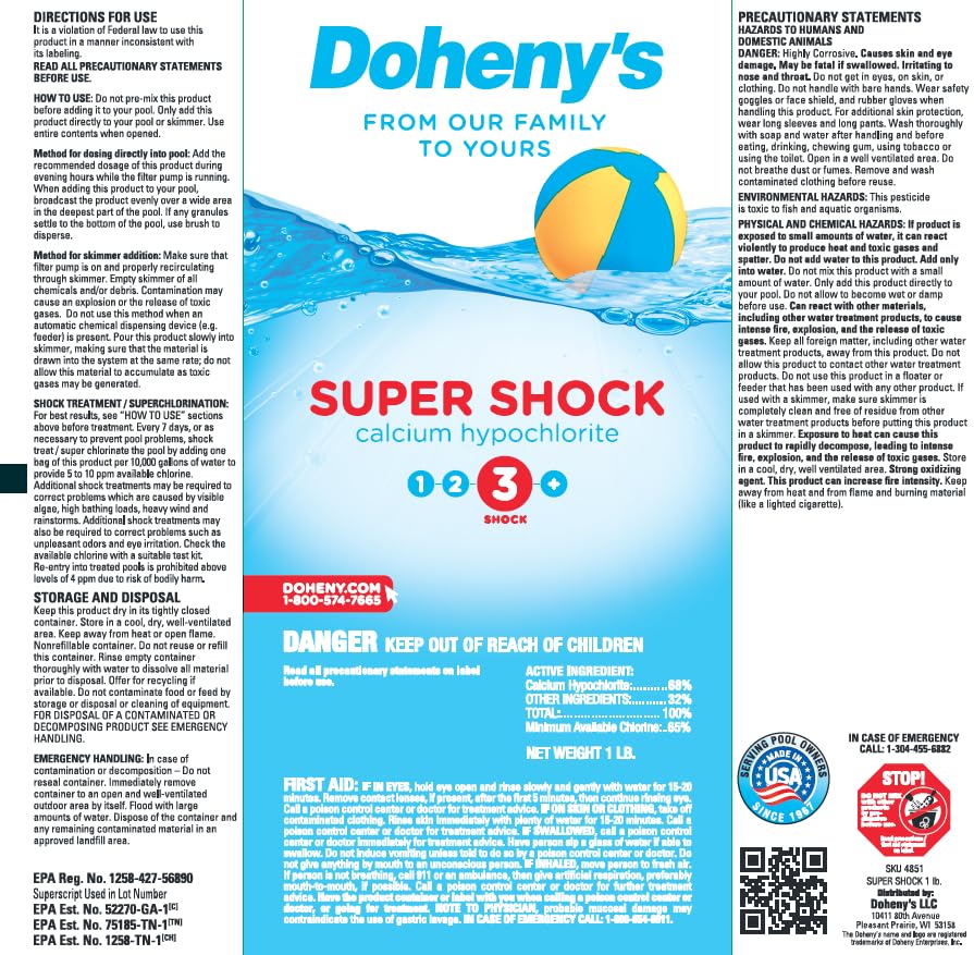 Doheny's Super Pool Shock, Pro-Grade Chlorine Shock, Quick-Dissolving, Fast-Acting 68% Cal-Hypo Granular Pool Shock, 24 x 1lb Bags