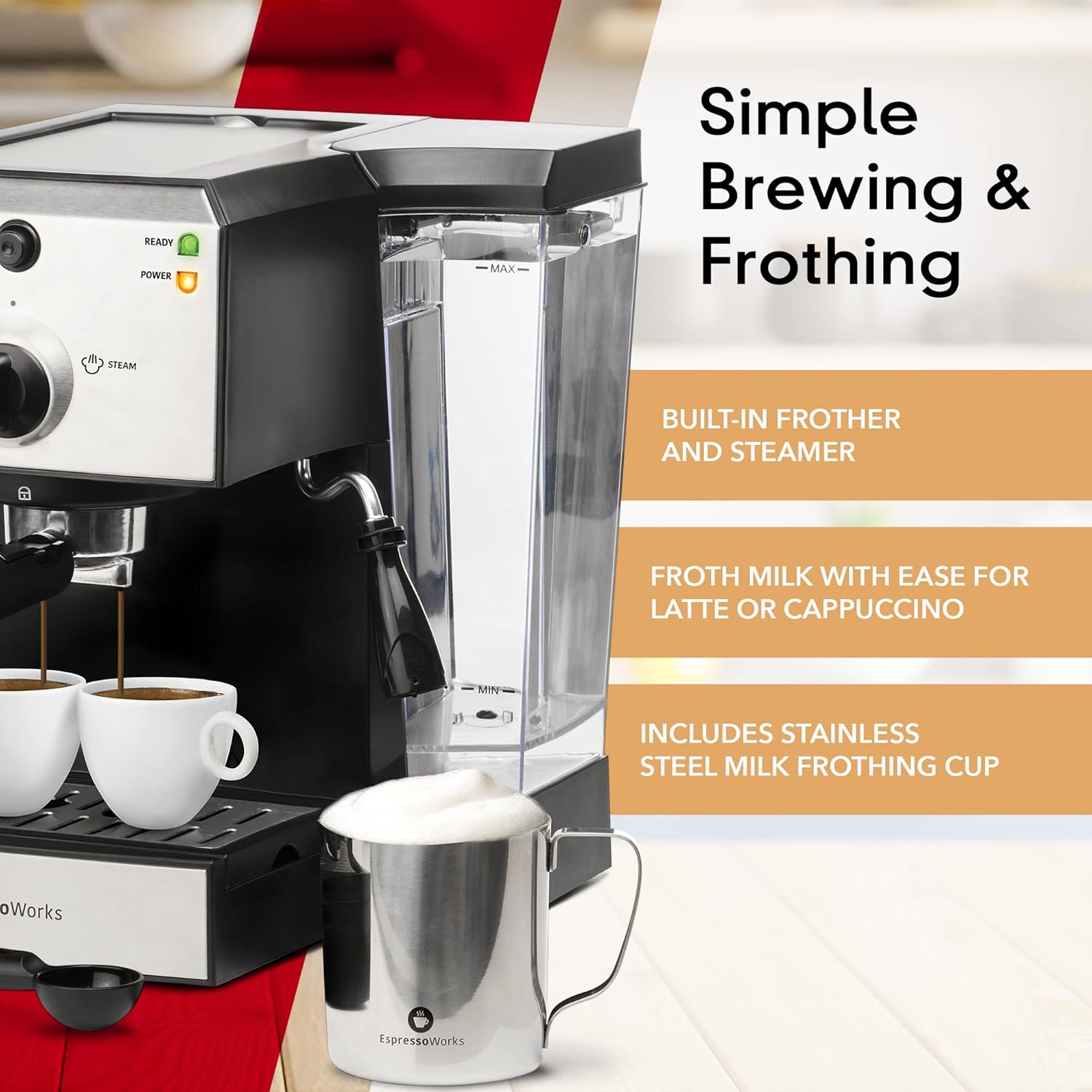 EspressoWorks All-In-One Espresso Machine with Milk Frother 7 Piece Set - Latte Maker Includes Grinder - Coffee Gifts (Stainless Steel)