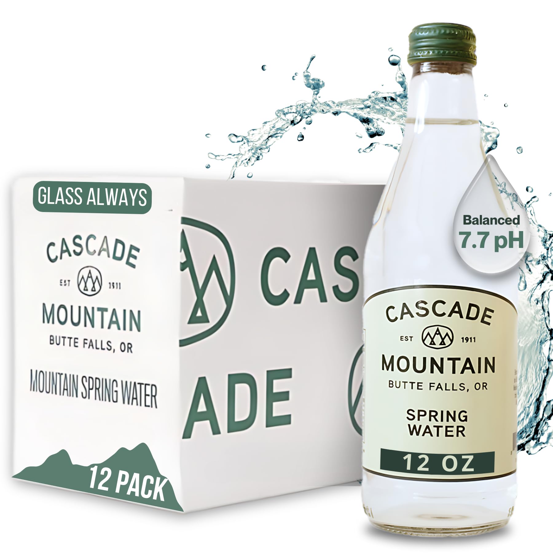 Cascade Mountain Spring Water in Glass Bottles, 12oz (12 Pack), 7.7 pH Balanced, Purified, Natural Spring Bottled Drinking Mineral Water