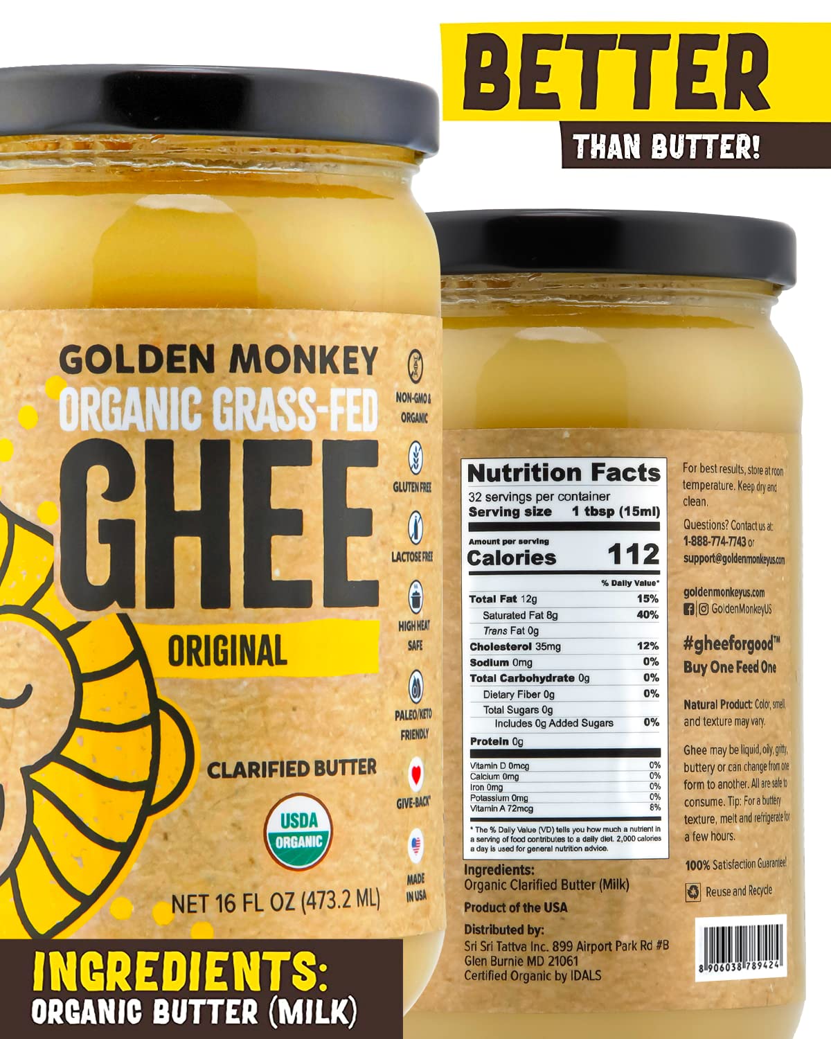Organic Ghee Butter Grass Fed Clarified – 16 Oz Ghee Butter – Unsalted Butter Certified Organic Ghee Oil
