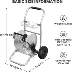 Giraffe Tools Garden Hose Reel Cart with Wheels, Stainless Steel Heavy Duty Water Hose Reel Cart, 200 ft of 1/2 Capacity