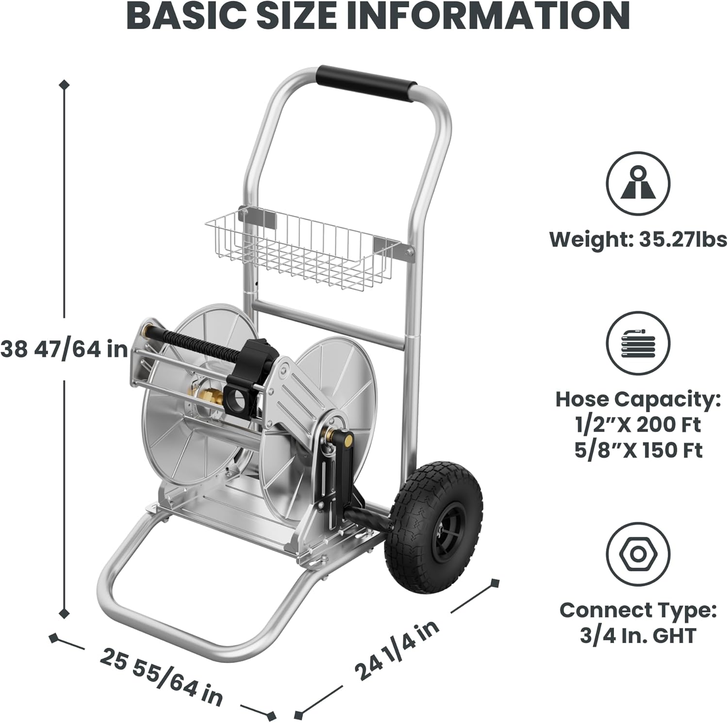 Giraffe Tools Garden Hose Reel Cart with Wheels, Stainless Steel Heavy Duty Water Hose Reel Cart, 200 ft of 1/2 Capacity