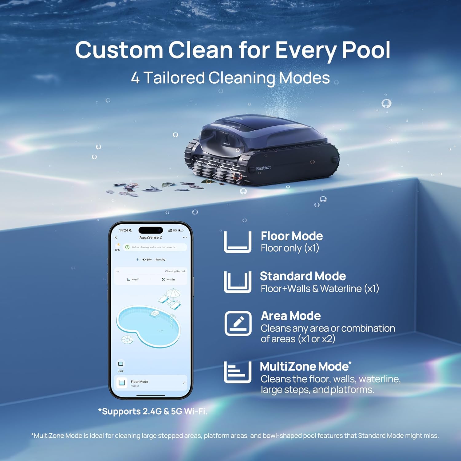 Beatbot AquaSense 2 Cordless Robotic Pool Vacuum Cleaner, Smart Surface Parking, Double-Pass Waterline Scrubbing - Blue