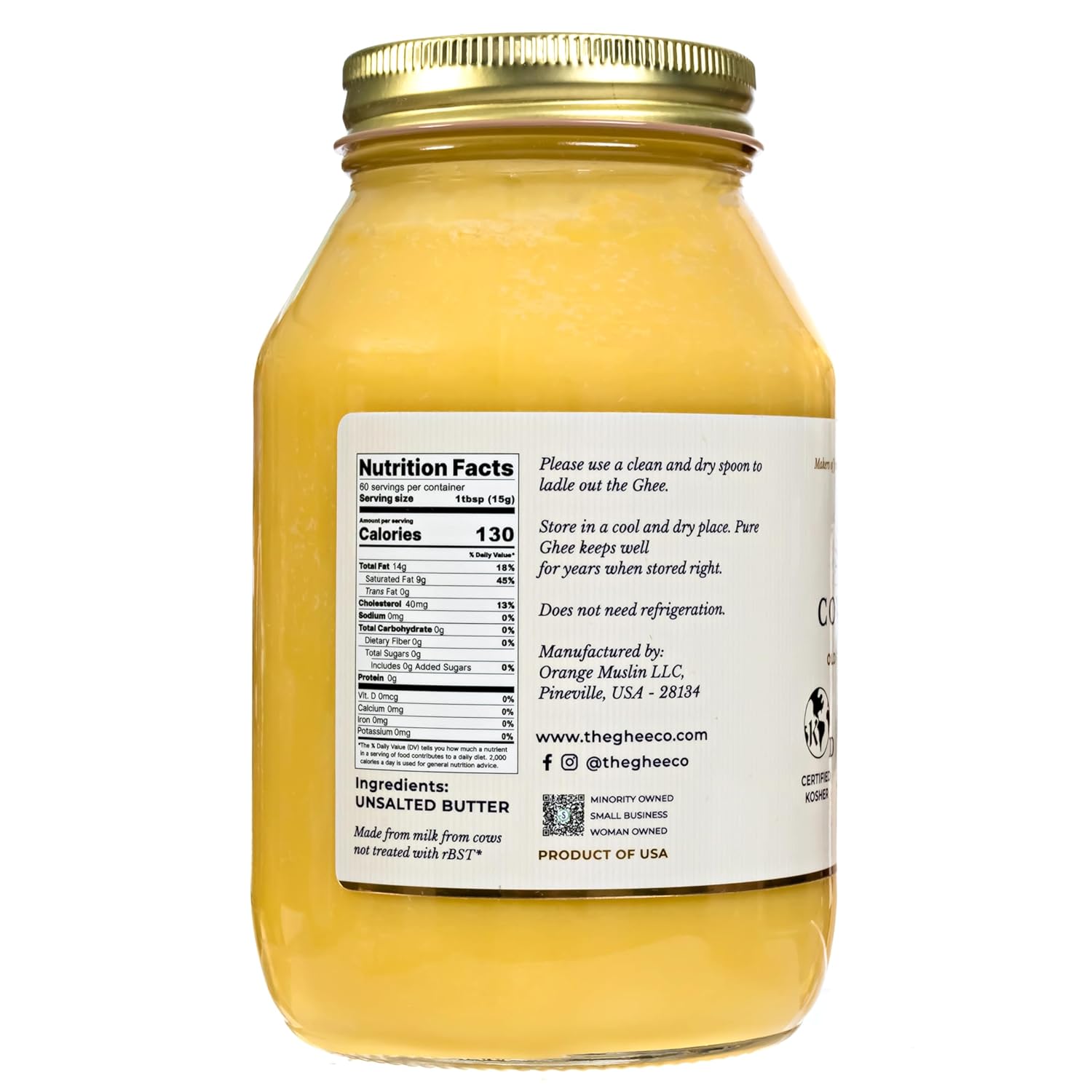 The Ghee Co. - 32 Fl Oz, Grass Fed Ghee, Non GMO, Kosher and Halal, Paleo & Keto friendly, Glass jar
