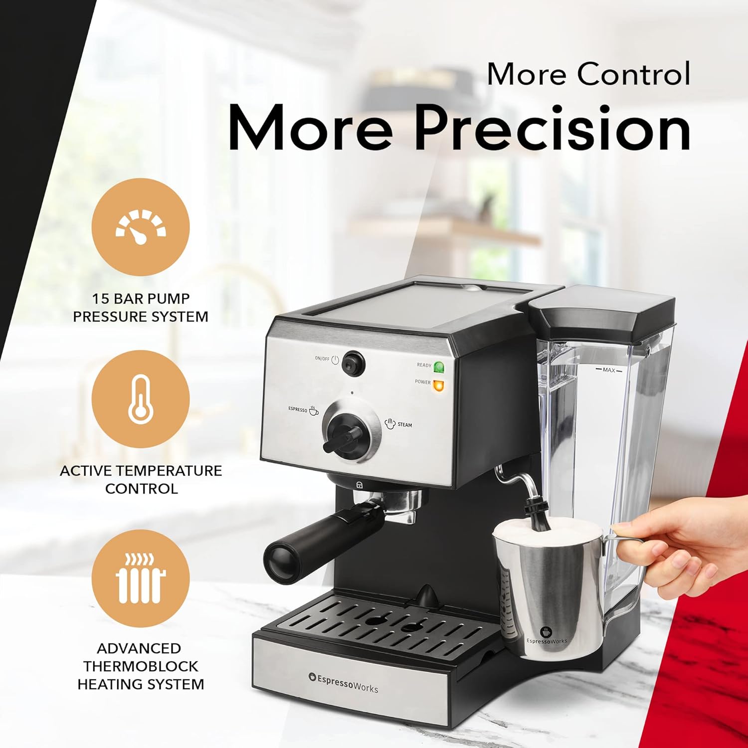 EspressoWorks All-In-One Espresso Machine with Milk Frother 7 Piece Set - Latte Maker Includes Grinder - Coffee Gifts (Stainless Steel)