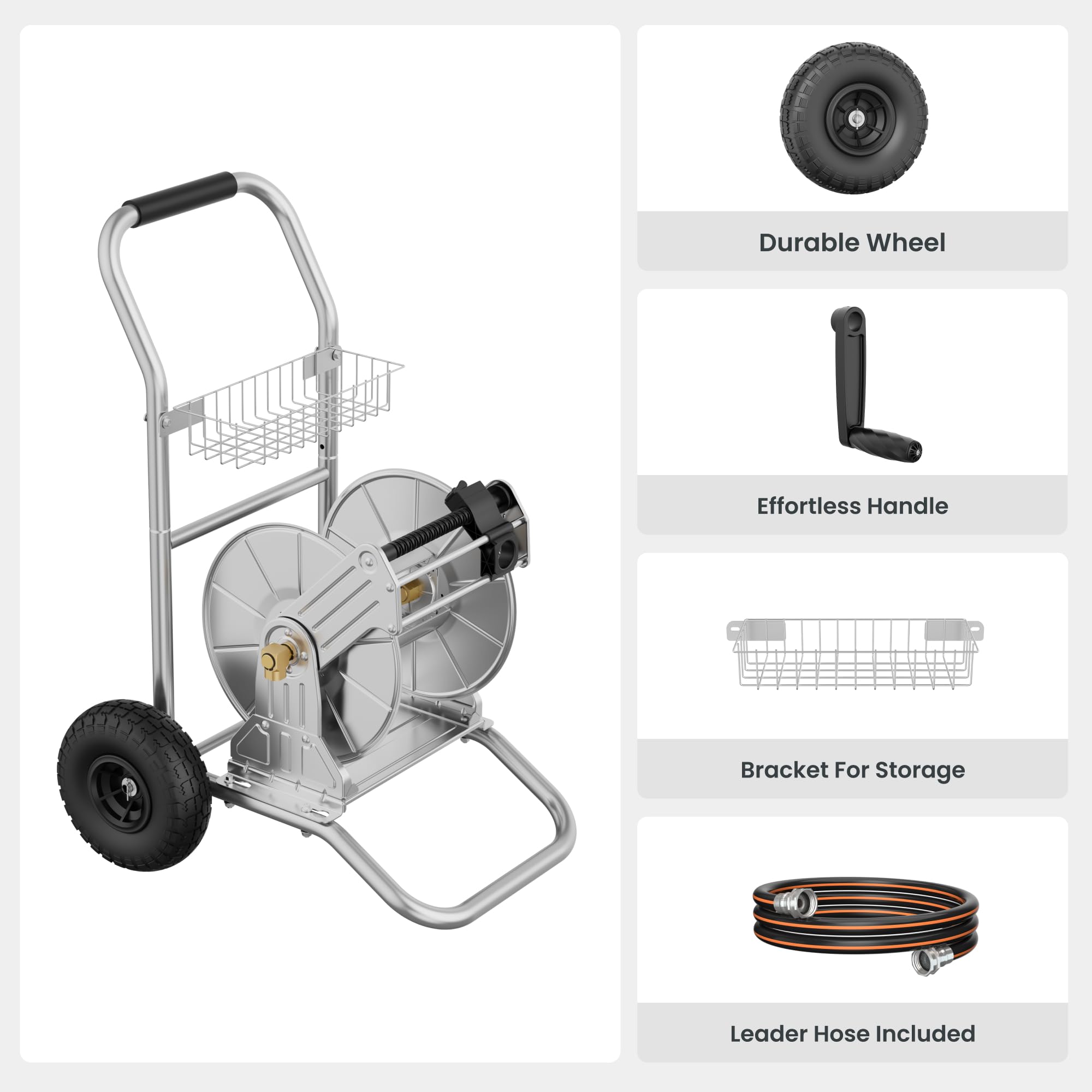 Giraffe Tools Garden Hose Reel Cart with Wheels, Stainless Steel Heavy Duty Water Hose Reel Cart, 200 ft of 1/2 Capacity