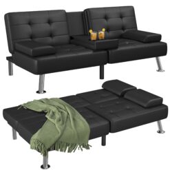 Flamaker Futon Sofa Bed Modern Folding Futon Set Convertible Recliner Lounge (PU Leather, Black)