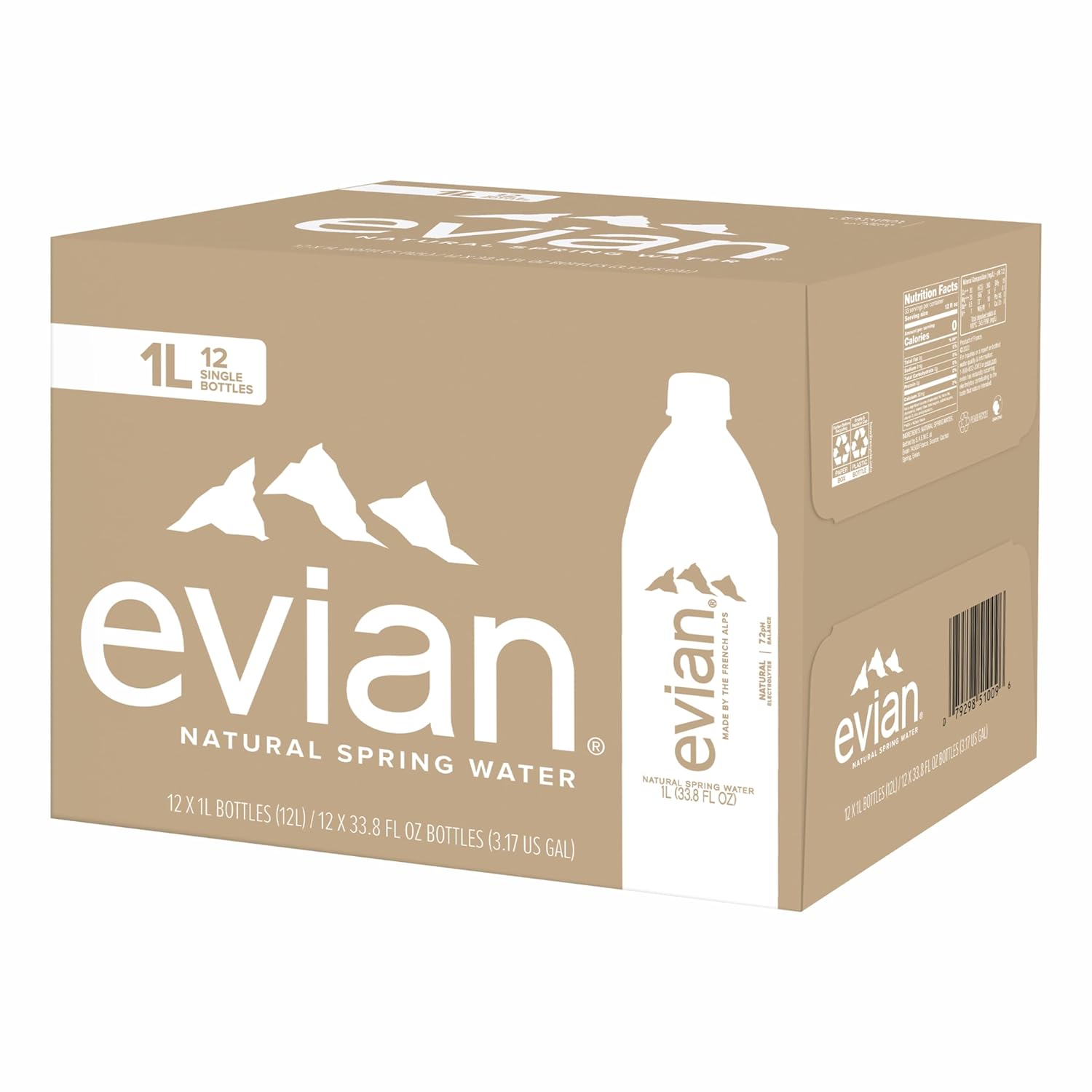 Evian Natural Spring Water, 1 L bottle, 12 pack