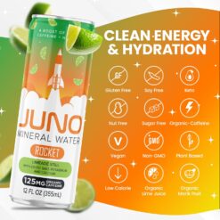 JUNO Rocket Limeade Still Energy Drink - 125mg Organic Caffeine from Green Coffee Beans, 12 Pack Refreshing Beverage