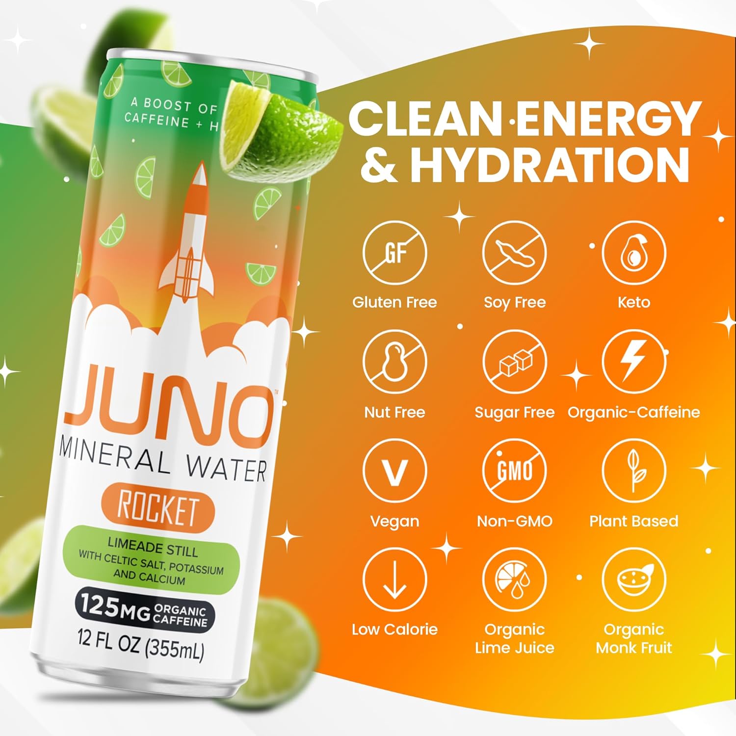 JUNO Rocket Limeade Still Energy Drink - 125mg Organic Caffeine from Green Coffee Beans, 12 Pack Refreshing Beverage