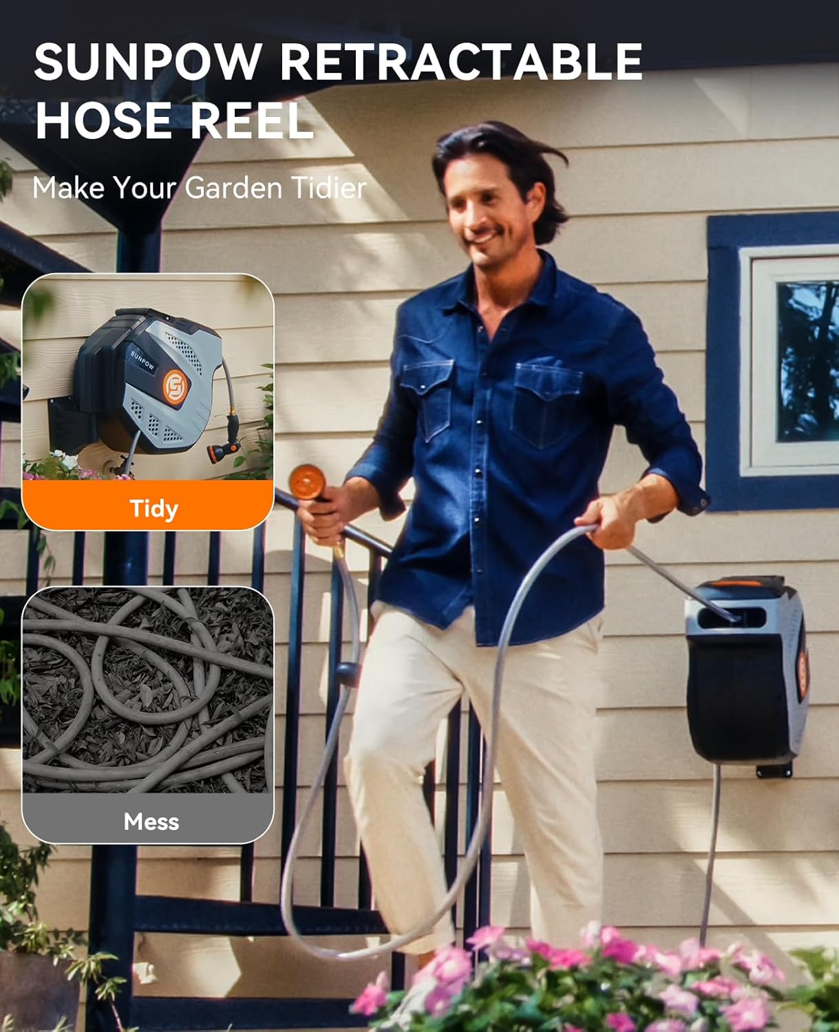 SUNPOW Retractable Garden Hose Reel, 1/2 inch x 50ft Wall Mounted Hose Reel with 3/4 inch Brass Fitting - Grey