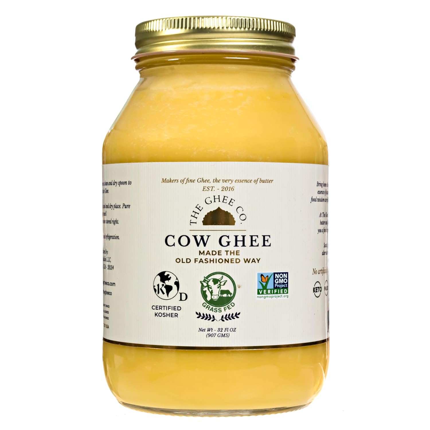 The Ghee Co. - 32 Fl Oz, Grass Fed Ghee, Non GMO, Kosher and Halal, Paleo & Keto friendly, Glass jar