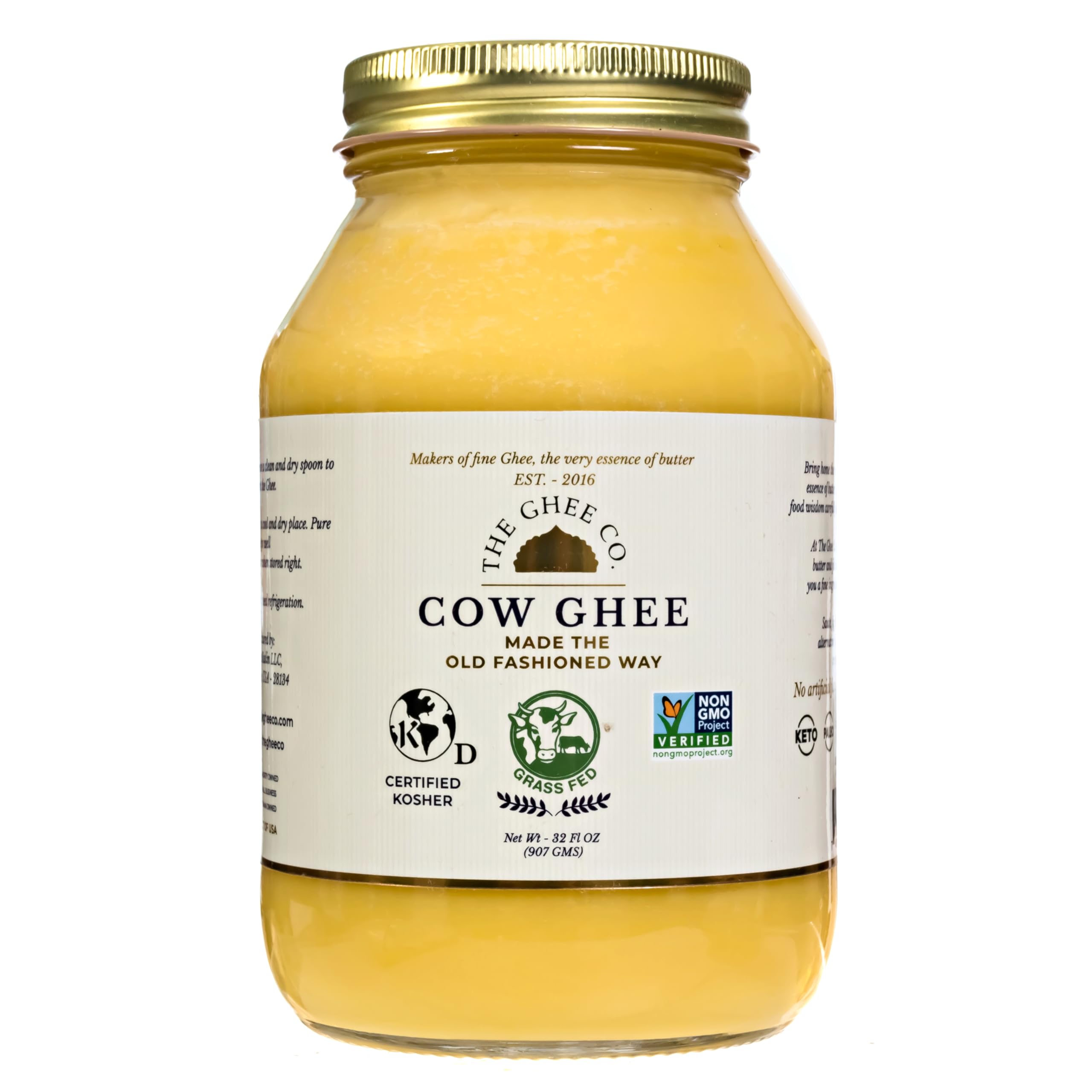 The Ghee Co. - 32 Fl Oz, Grass Fed Ghee, Non GMO, Kosher and Halal, Paleo & Keto friendly, Glass jar