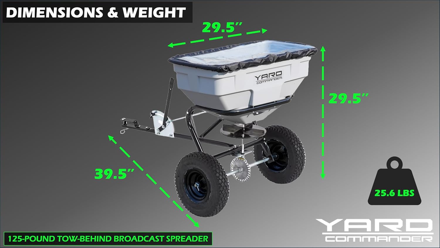 Yard Commander - 125 LB Tow Behind Lawn & Garden Broadcast Spreader - Seed, Fertilizer, Salt, Ice Melt - Premium Aluminum Cast Gears