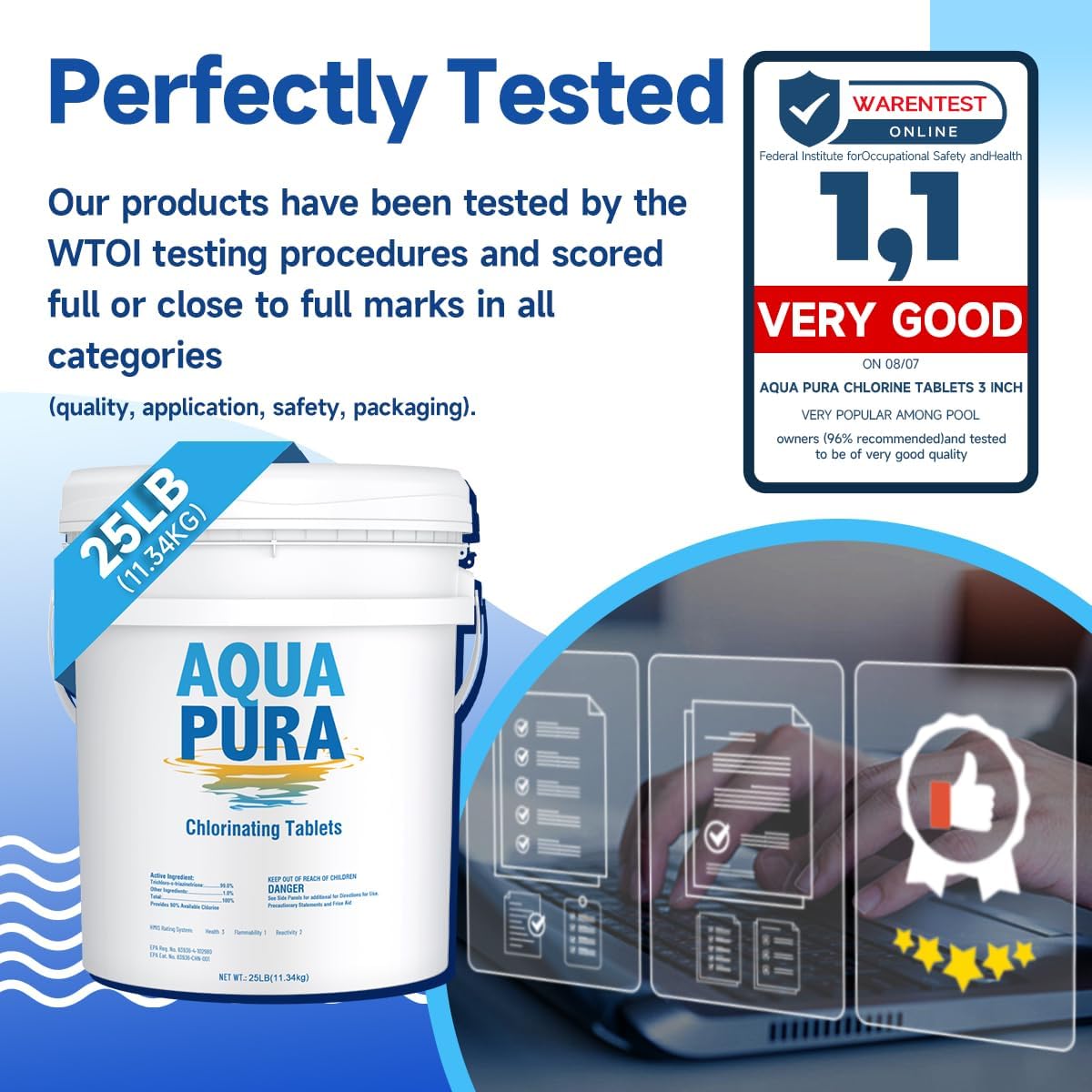 Aqua Pura Chlorine Tablets for Swimming Pool,3" Pool Supplies, Individually Wrapped Stabilized Chlorine Tablets, Long-Lasting, 25 LB