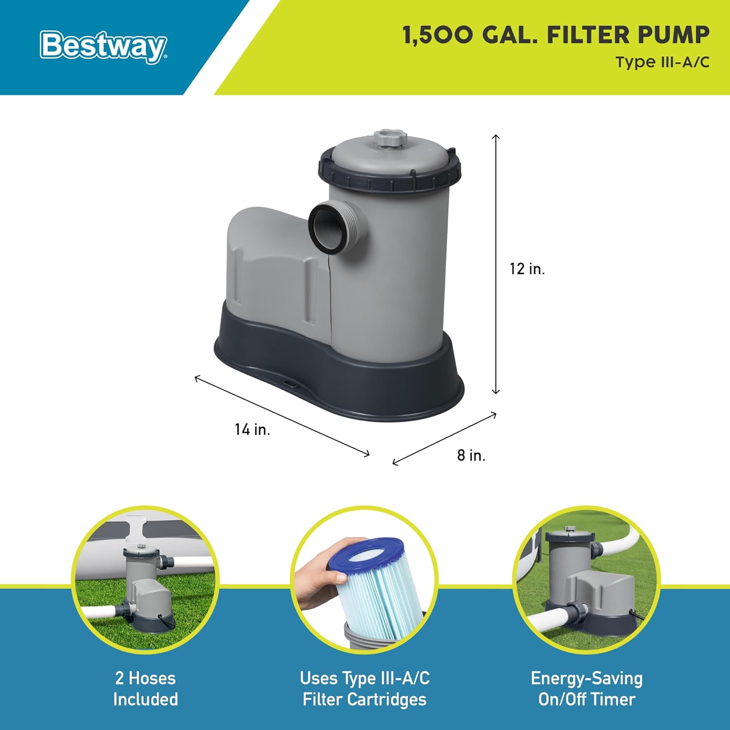 Bestway 58390E Flowclear 1500 GPH Filter Pump for 300 to 8,400 Gallon Above Ground Swimming Pool