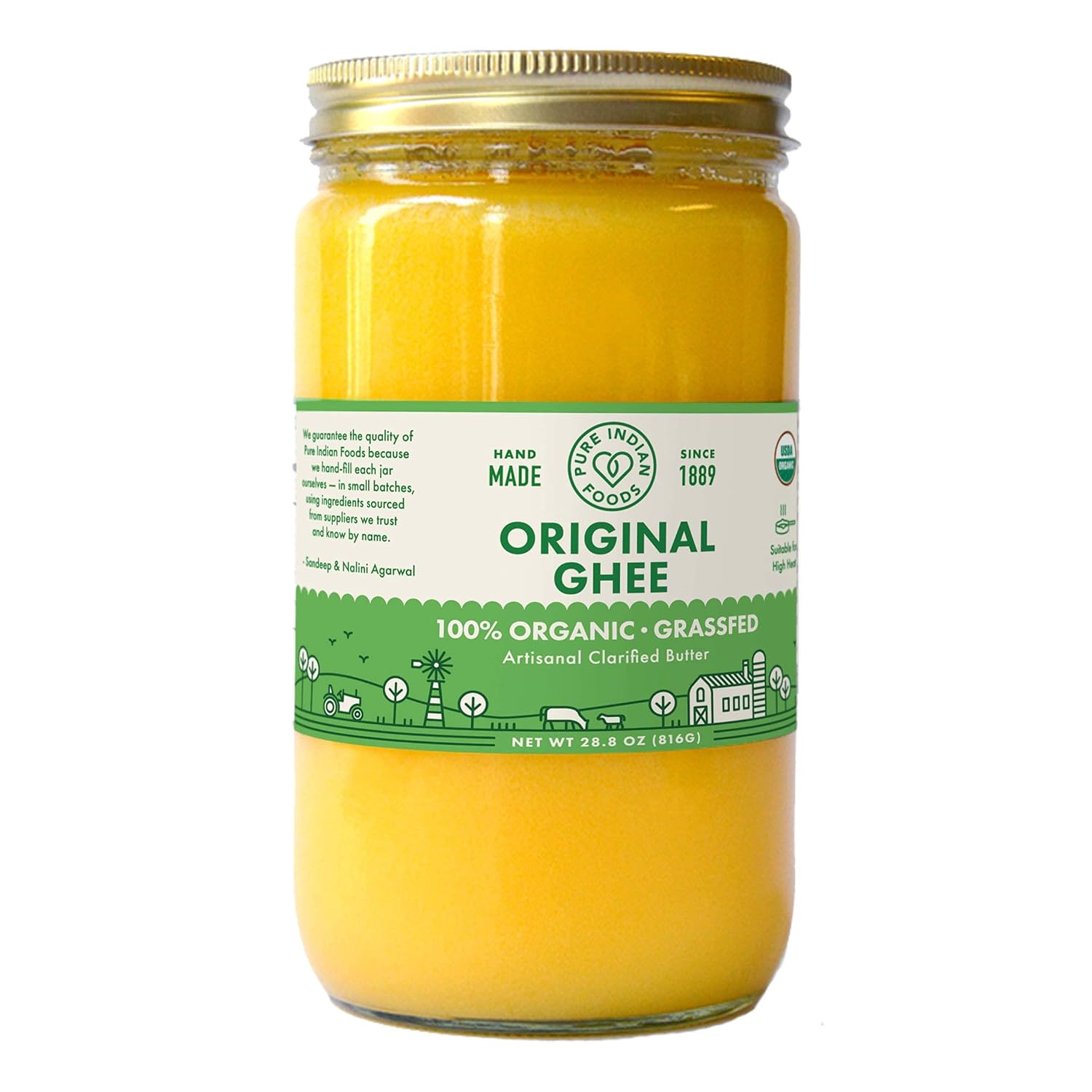 Pure Indian Foods Organic Grassfed Original Ghee, 28.8 oz, Clarified Butter, Paleo & Keto Friendly (32 fl oz /1 quart)
