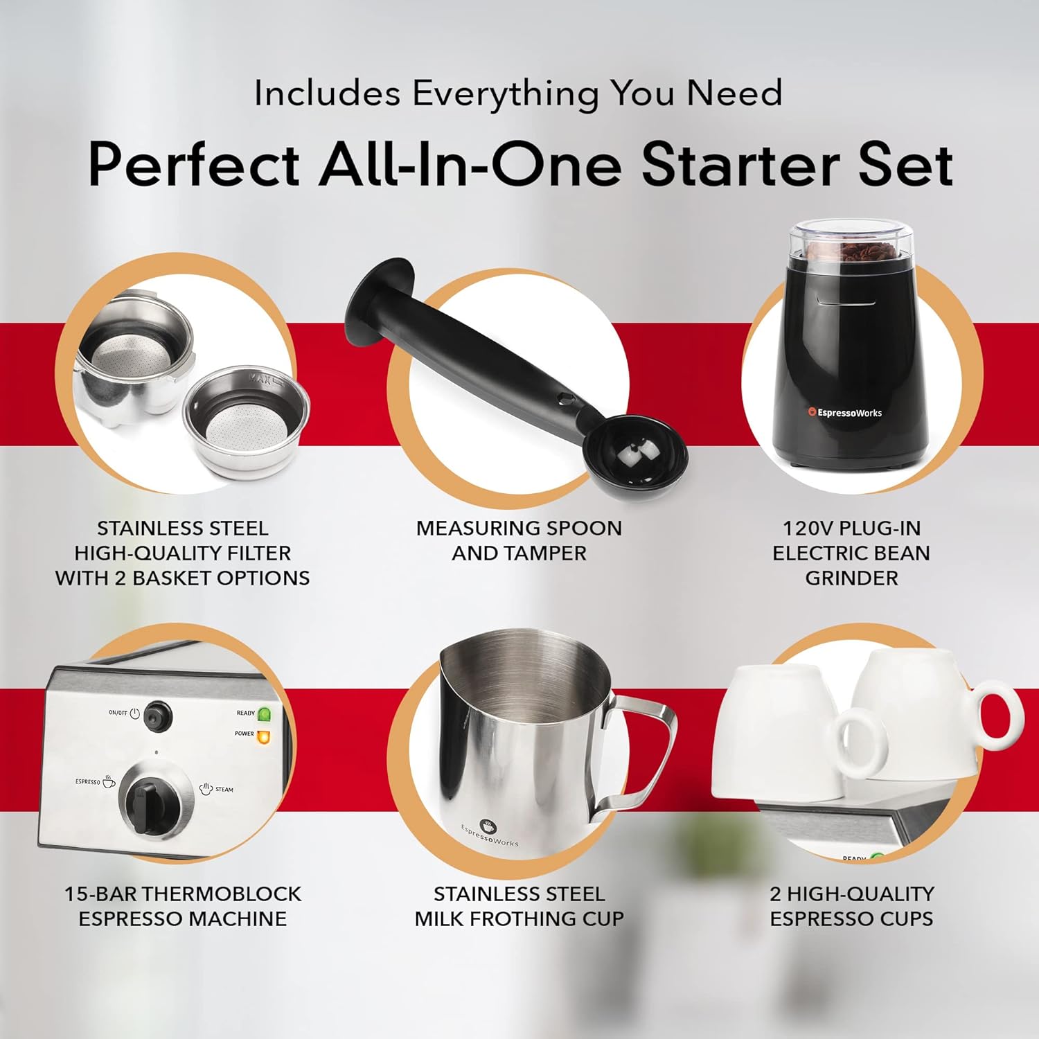 EspressoWorks All-In-One Espresso Machine with Milk Frother 7 Piece Set - Latte Maker Includes Grinder - Coffee Gifts (Stainless Steel)